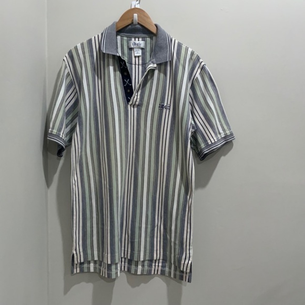 IZOD Golf Mens Medium Polo Shirt Green Blue White Striped Short Sleeve Cotton
